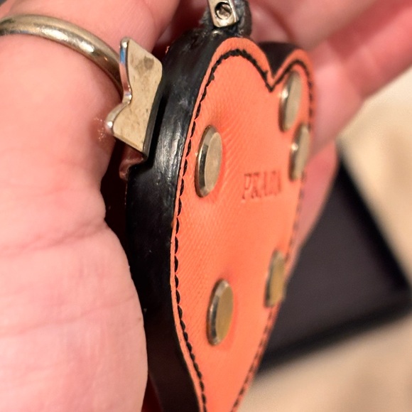 Prada Saffiano ‘Trick’ Coral Leather Studded Heart Keychain W/ Box - Picture 13 of 16